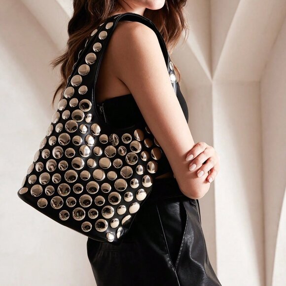 Black Punk Women's Bucket Bag with Metal Studs - Picture 4 of 5